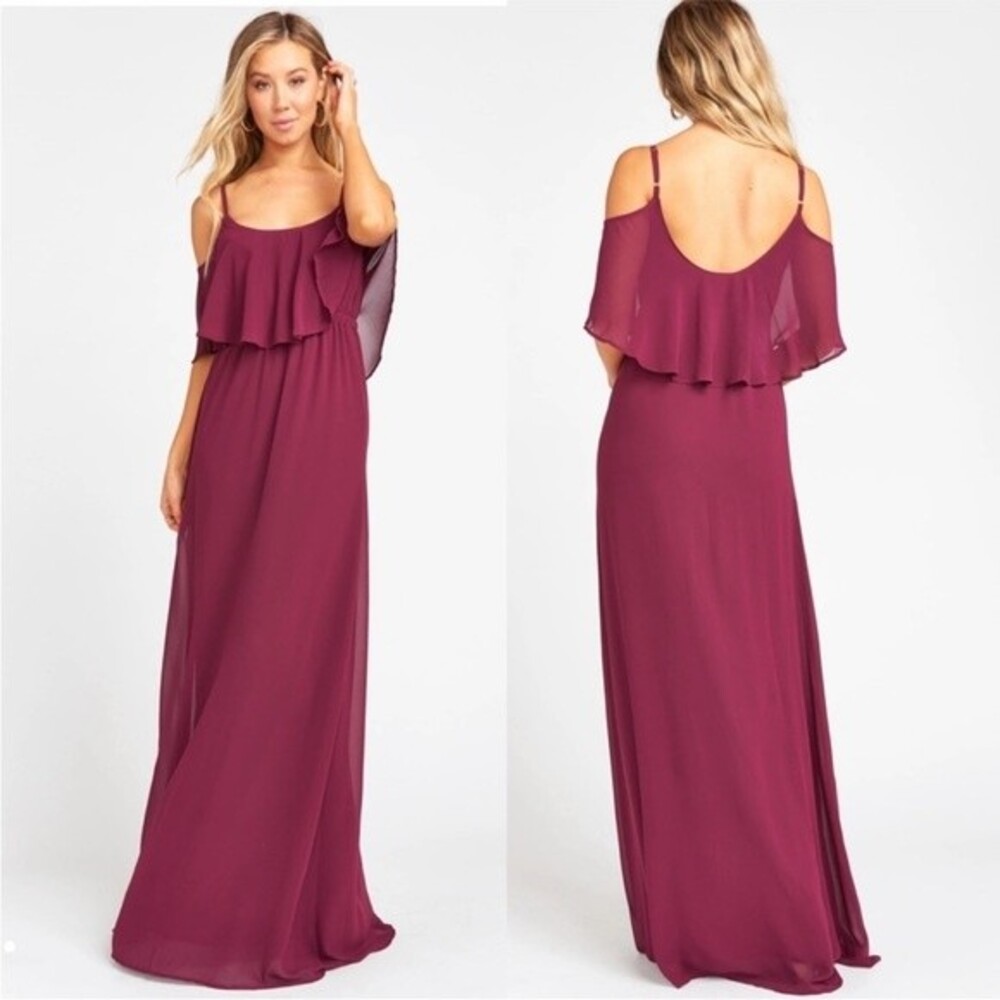 NWT Show Me Your Mumu Caitlin Ruffle Maxi Dress Merlot Chiffon Size XS